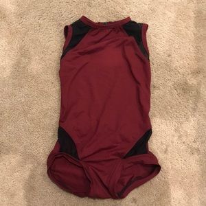 Two dance unitards, black and maroon.